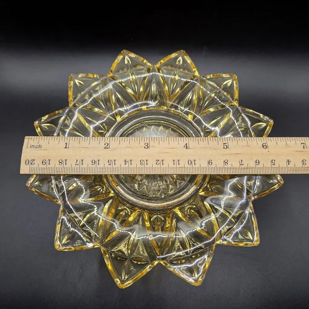 Federal Glass Pedestal Plate Petal Yellow Sunburst USA Vintage